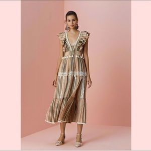 HEMANT & NANDITA Striped Maxi Dress in Beige and White